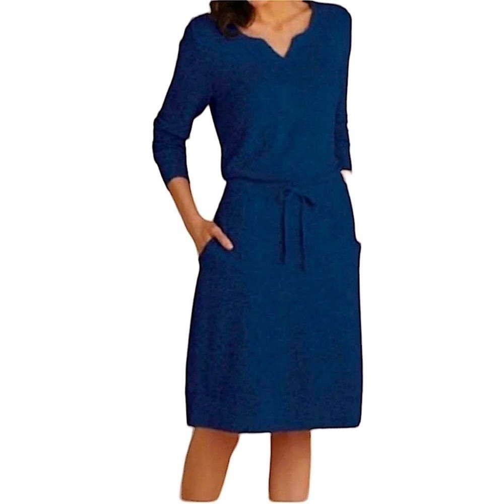 Soft Surroundings Easy Living Dress Denim Blue Cinched Waist Women's Size Large